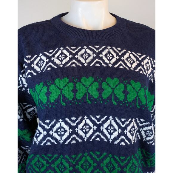 VTG Whats Next Sweater Large Navy Green Shamrock Fair Isle 80s St Patricks Irish - Picture 2 of 9